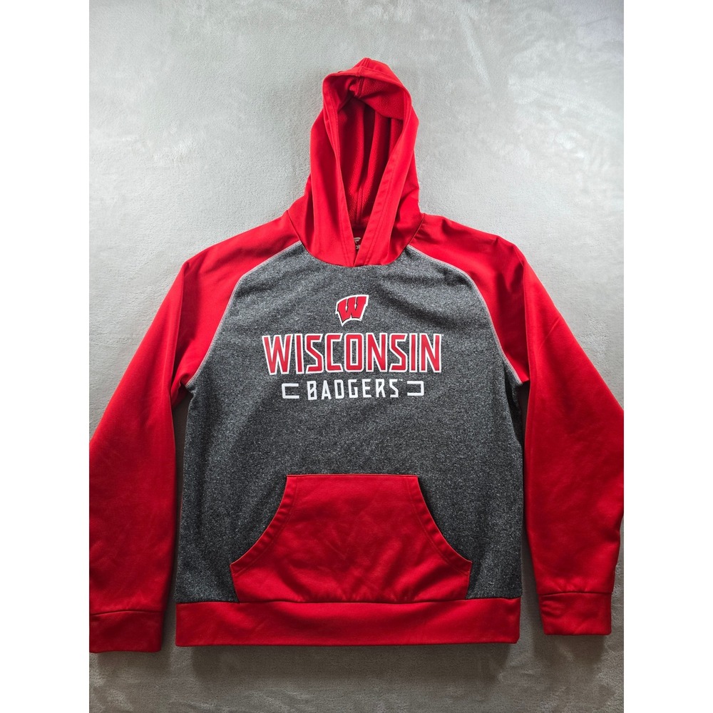 Fanatics Wisconsin Badgers Hoodie Mens Large Red Gray Fleece Pullover Sweatshirt